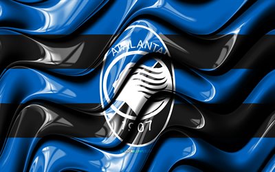 Drapeau Atalanta FC, 4k, vagues 3D bleues et noires, Serie A, club de football italien, Atalanta BC, football, logo Atalanta, Atalanta FC
