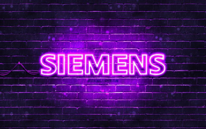 Siemensin violetti logo, 4k, violetti tiilisein&#228;, Siemensin logo, tuotemerkit, Siemensin neonlogo, Siemens