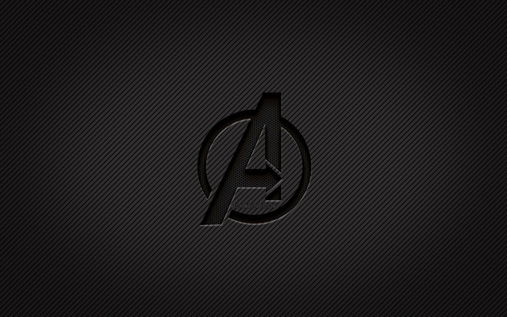 Avengers karbon logosu, 4k, grunge sanat, karbon arka plan, yaratıcı, Avengers siyah logo, s&#252;per kahramanlar, Avengers logosu, Avengers