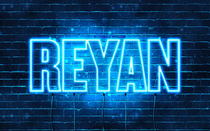 Reyan, 4k, pap&#233;is de parede com nomes, nome Reyan, luzes de n&#233;on azuis, Feliz Anivers&#225;rio Reyan, nomes masculinos &#225;rabes populares, imagem com o nome Reyan