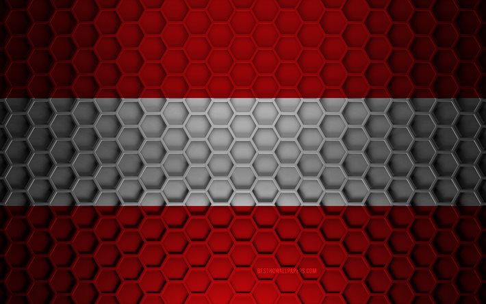 Austria flag, 3d hexagons texture, Austria, 3d texture, Austria 3d flag, metal texture, flag of Austria