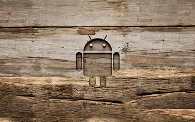 Androidwooden logo, 4K, wooden backgrounds, OS, Android logo, creative, wood carving, Android