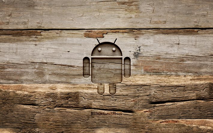 Androidwooden logo, 4K, wooden backgrounds, OS, Android logo, creative, wood carving, Android