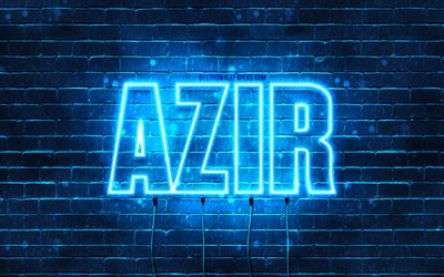 Azir, 4k, wallpapers with names, Azir name, blue neon lights, Happy Birthday Azir, popular arabic male names, picture with Azir name