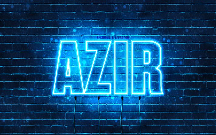 Azir, 4k, fonds d&#39;&#233;cran avec des noms, nom Azir, n&#233;ons bleus, joyeux anniversaire Azir, noms masculins arabes populaires, photo avec nom Azir