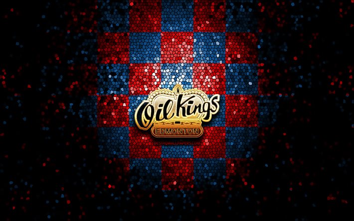 Edmonton Oil Kings, logo glitter, WHL, sfondo a scacchi blu rosso, hockey, squadra di hockey canadese, logo Edmonton Oil Kings, arte del mosaico, lega di hockey canadese