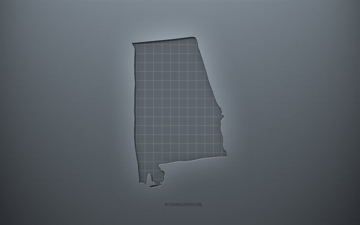 Alabaman kartta, harmaa luova tausta, Alabama, USA, harmaa paperin rakenne, Yhdysvaltojen osavaltiot, Alabaman karttasiluetti, harmaa tausta, Alabaman 3D-kartta