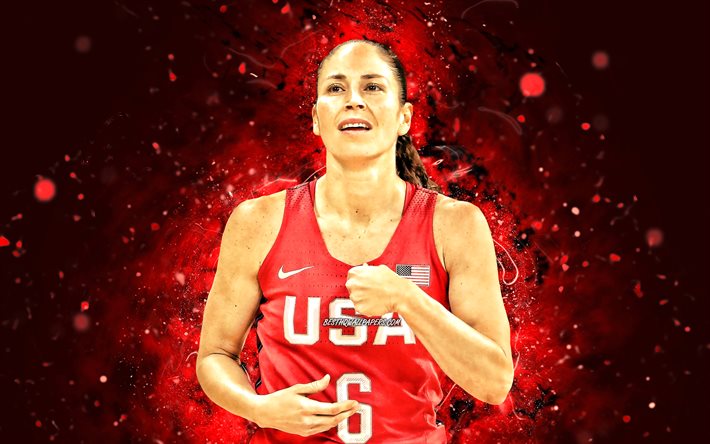 Sue Bird, 4k, equipe nacional feminina de basquete dos EUA, luzes de n&#233;on vermelhas, basquete, Suzanne Brigit Bird, criativo, Sue Bird 4K