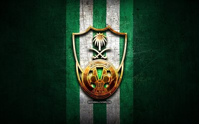 Al Ahli Saudi FC, golden logo, Saudi Professional League, green metal background, football, saudi football club, Al Ahli Saudi FC logo, soccer, Al-Ahli Saudi FC