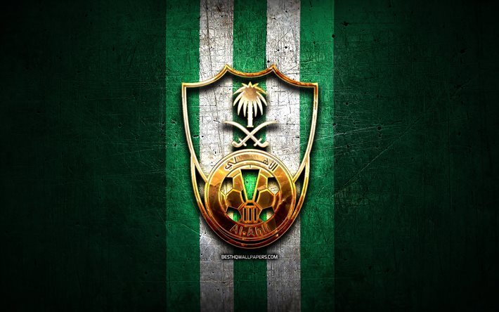 アル・アハリ・サウジFC, 金色のロゴ, サウジプロフェッショナルリーグ, 緑の金属の背景, フットボール。, サウジアラビアサッカークラブ, アル・アハリ・サウジFCのロゴ, サッカー