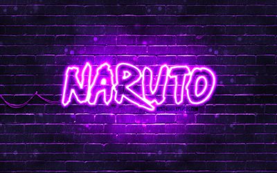 Naruto menekşe logosu, 4k, menekşe tuğla duvar, Naruto logosu, manga, Naruto neon logosu, Naruto