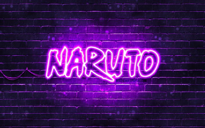 Logo violet Naruto, 4k, mur de briques violet, logo Naruto, manga, logo n&#233;on Naruto, Naruto