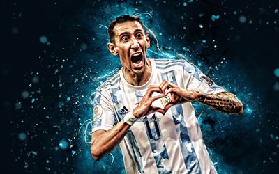Angel Di Maria, 4k, Arjantin Milli Futbol Takımı, futbol yıldızları, mavi neon ışıklar, Angel Fabian Di Maria Hernandez, futbol, futbolcular, Arjantin Milli Takımı, Angel Di Maria 4K