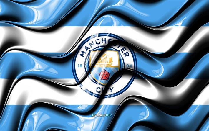 Bandera del Manchester City FC, 4k, ondas 3D azules y blancas, Premier League, club de f&#250;tbol ingl&#233;s, f&#250;tbol, logotipo del Manchester City FC, Manchester City FC, Man City