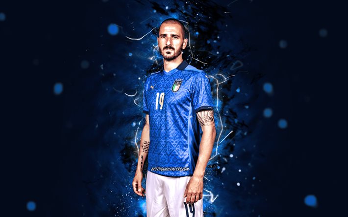 Leonardo Bonucci, 4k, Italian jalkapallomaajoukkue, jalkapallo, jalkapalloilijat, siniset neonvalot, Italian jalkapallojoukkue, Leonardo Bonucci 4K