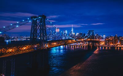 4k, puente de Williamsburg, nueva york, paisajes nocturnos, Nueva York, estados UNIDOS, Am&#233;rica
