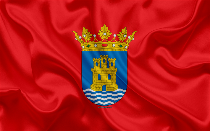 Lipun Alcala de Henares, 4k, silkki tekstuuri, Espanjalainen kaupunki, punainen silkki lippu, Alcala de Henares lippu, Madrid, Espanja, art, Euroopassa, Alcala de Henares