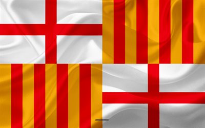 Barcelona bayrağı, 4k, ipek doku, İspanyolca şehir, renkli ipek bayrak, bayrak, Barselona, İspanya, sanat, Avrupa, Barcelona