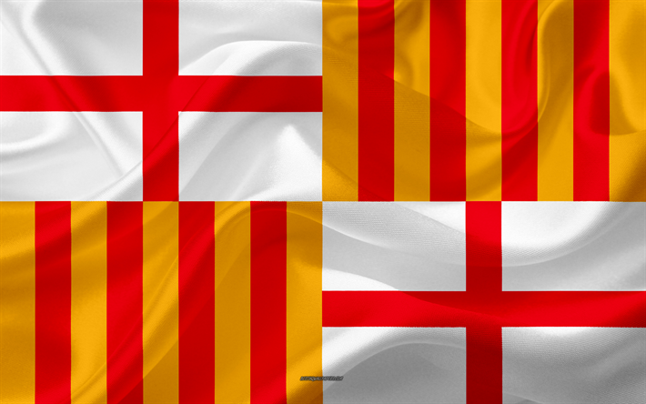 バルセロナのフラグ, 4k, シルクの質感, スペインの都市, 色絹の旗を, スペイン, 美術, 欧州, バルセロナ