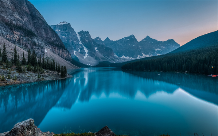 Moraine Lake, twilight, Banff, forest, mountains, North America, dusk, Banff National Park, Canada, Alberta