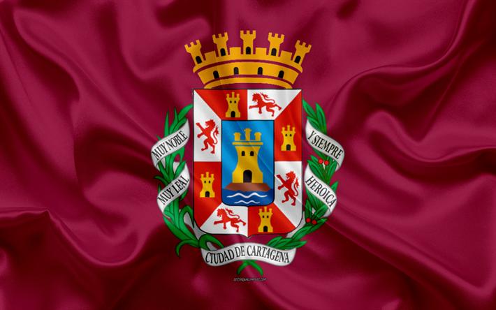 旗のカルタヘナ, 4k, シルクの質感, スペインの都市, 紫色の絹の旗を, カルタヘナのフラグ, スペイン, 美術, 欧州, カルタヘナ