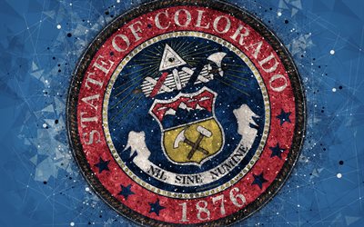 Seal of Colorado, 4k, emblem, geometric art, Colorado State Seal, American states, blue background, creative art, Colorado, USA, state symbols USA