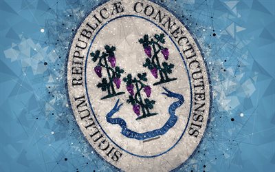 Seal of Connecticut, 4k, emblem, geometric art, Connecticut State Seal, American states, blue background, creative art, Connecticut, USA, state symbols USA