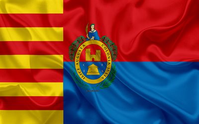 Bandiera di Elche, 4k, seta, texture, citt&#224; spagnola, rosso, blu, bandiera, Elche, Spagna, arte, Europa
