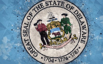 Seal of Delaware, 4k, emblem, geometric art, Delaware State Seal, American states, blue background, creative art, Delaware, USA, state symbols USA