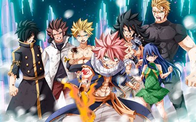 Fairy Tail manga Giapponesi, personaggi di anime, Wendy Marvell, Natsu Dragneel, Gray Fullbuster, Erza Scarlet