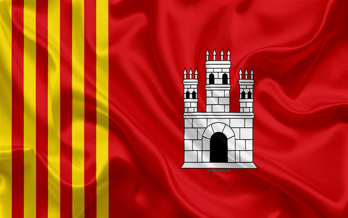 علم تيراسا, 4k, نسيج الحرير, المدينة الإسبانية, أحمر من الحرير الأصفر العلم, تيراسا العلم, إسبانيا, الفن, أوروبا, تراس