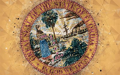 Seal of Florida, 4k, tunnus, geometrinen taide, Florida State Tiiviste, Amerikan valtioiden, keltainen tausta, creative art, Florida, USA, valtion symbolit USA