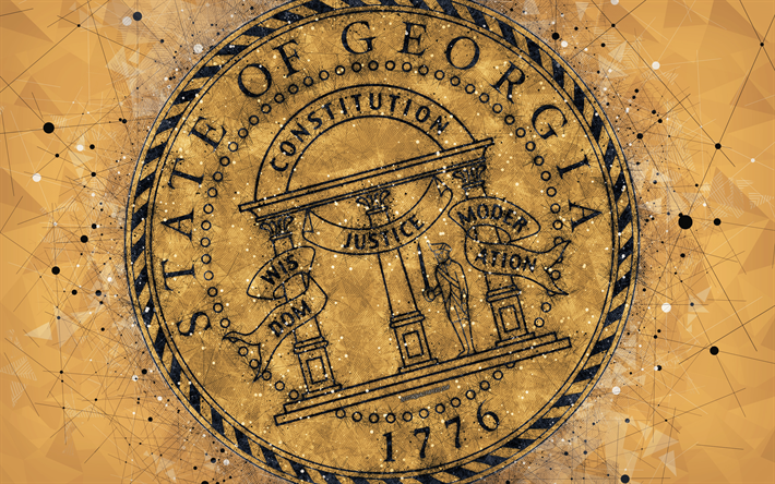 Seal of Georgia, 4k, emblem, geometric art, Georgia State Seal, American states, orange background, creative art, Georgia, USA, state symbols USA