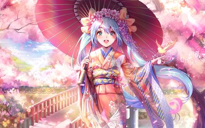 Hatsune Miku, de quimono, manga, Vocaloid, Miku Hatsune, guarda-chuva