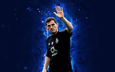 Iker Casillas, 4k, abstract art, goalkeeper, football stars, Porto, La Liga, Casillas, footballers, neon lights, soccer, Porto FC, LaLiga