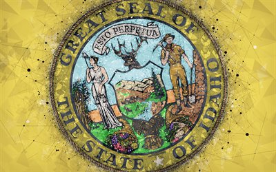 Guarnizione di Idaho, 4k, emblema, arte geometrica, Idaho Sigillo dello Stato, stati Americani, giallo, sfondo, creativo, arte, Idaho, negli stati UNITI, i simboli di stato USA