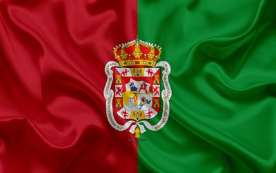 Drapeau de Grenade, 4k, soie, texture, ville espagnole, rouge en soie verte drapeau, drapeau Grenade, en Espagne, en art, en Europe, Grenade