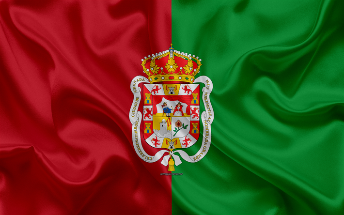 العلم غرناطة, 4k, نسيج الحرير, المدينة الإسبانية, أحمر من الحرير الأخضر العلم, غرناطة العلم, إسبانيا, الفن, أوروبا, غرناطة