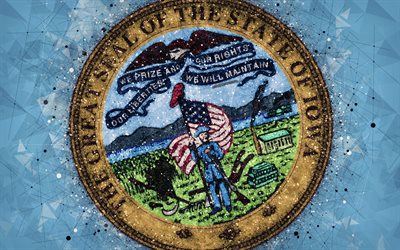 Seal of Iowa, 4k, emblem, geometric art, Iowa State Seal, American states, blue background, creative art, Iowa, USA, state symbols USA