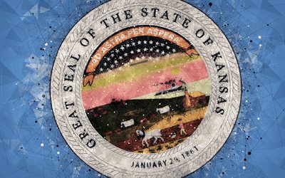 Selo de Kansas, 4k, emblema, arte geom&#233;trica, Estado Do Kansas Selo, Estados americanos, fundo azul, arte criativa, Kansas, EUA, s&#237;mbolos do estado EUA