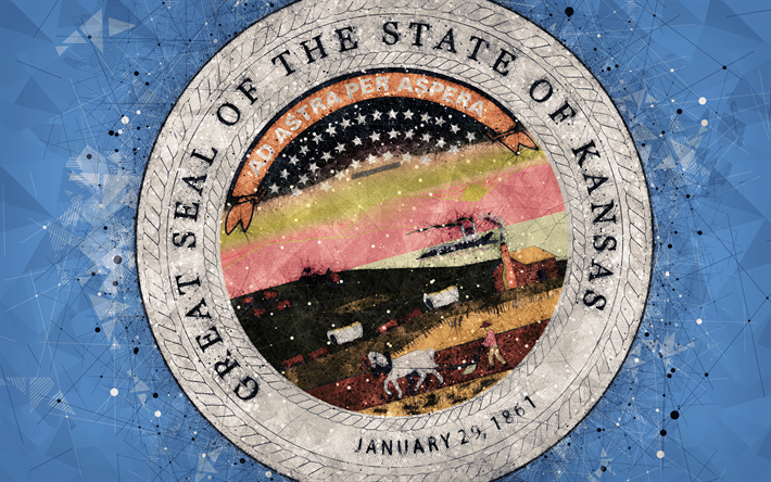Seal of Kansas, 4k, emblem, geometric art, Kansas State Seal, American states, blue background, creative art, Kansas, USA, state symbols USA