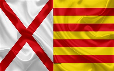 Flagga av Hospitalet de Llobregat, 4k, siden konsistens, Spanska staden, f&#228;rgade silk flag, &#39;hospitalet de Llobregat flagga, Spanien, konst, Europa, Hospitalet de Llobregat