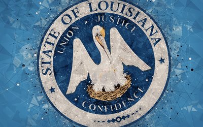 Seal of Louisiana, 4k, emblem, geometric art, Louisiana State Seal, American states, blue background, creative art, Louisiana, USA, state symbols USA