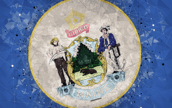 Seal of Maine, 4k, emblem, geometric art, Maine State Seal, American states, blue background, creative art, Maine, USA, state symbols USA