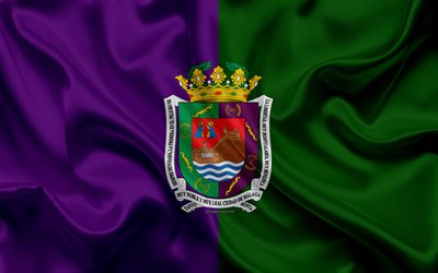 العلم من مالقة, 4k, نسيج الحرير, المدينة الإسبانية, الأرجواني الحرير الأخضر العلم, ملقة العلم, إسبانيا, الفن, أوروبا, ملقة