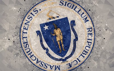 Seal of Massachusetts, 4k, emblem, geometric art, Massachusetts State Seal, American states, gray background, creative art, Massachusetts, USA, state symbols USA