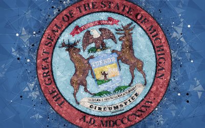 Seal of Michigan, 4k, emblem, geometric art, Michigan State Seal, American states, blue background, creative art, Michigan, USA, state symbols USA