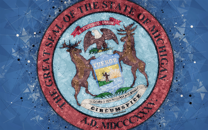 seal of michigan, 4k, emblem, geometrische kunst, michigan state seal, amerikanischer staaten, blauer hintergrund, kreative kunst, michigan, usa, staatliche symbole usa