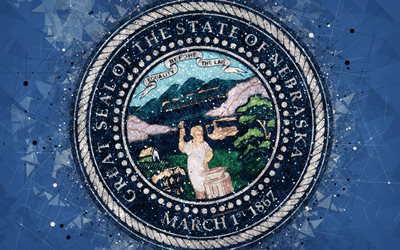 Selo de Nebraska, 4k, emblema, arte geom&#233;trica, Nebraska Selo Do Estado, Estados americanos, fundo azul, arte criativa, Nebraska, EUA, s&#237;mbolos do estado EUA