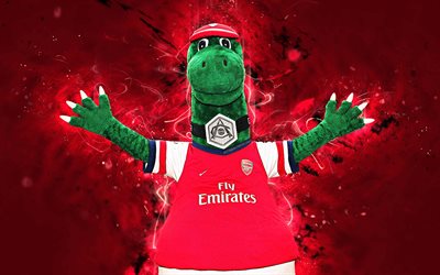 Gunnersaurus, 4k, mascot, Arsenal, abstract art, Premier League, creative, The Gunners, official mascot, neon lights, Arsenal FC mascot